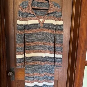 Prana Blue and Cream Polo Collar Long Sleeve Sweater Dress